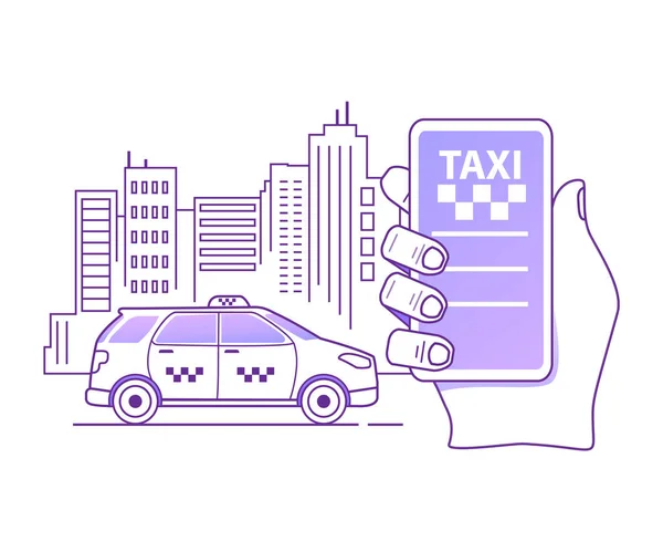 Mobile taxi commande en ligne mobile application concept.Hand tenant application smartphone sur écran service de taxi. — Image vectorielle