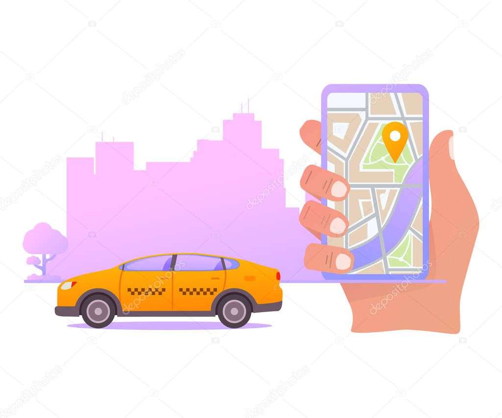 Online taxi order mobile application concept.Hand holding smart phone app on display map.
