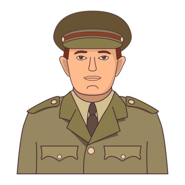 Asker asker çizgi film karakteri. Askerler, üniformalı bir subay ve şapka..