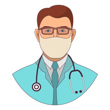 Tıbbi maske takan erkek doktor. Çizgi film düz vektörü..