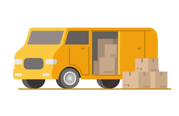 Delivery van and cardboard box.Shipping transport.Cargo truck transportation location marker. — Stock Vector