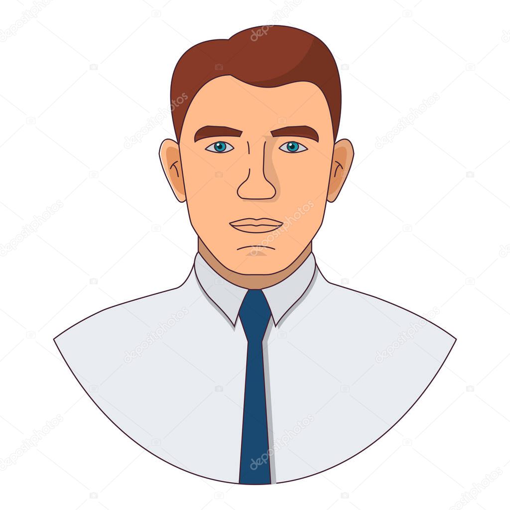 Cartoon character male office staff. A man in a shirt with a blue tie.