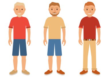 Şort, pantolon, gömlek ve çizme giymiş yaz kıyafetleri giyen bir grup genç adam..