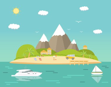 Yaz denizi manzarası. Tropik ada dağları ve tepeler. Palmiye ağaçları ve bir bungalov..