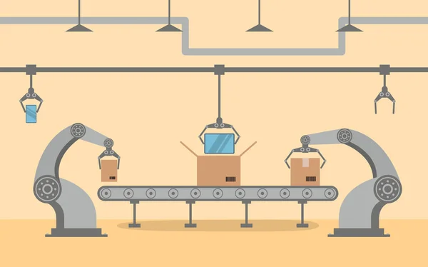 Фабричний конвеєр упаковки смартфона в коробці в плоскому стилі . — стоковий вектор