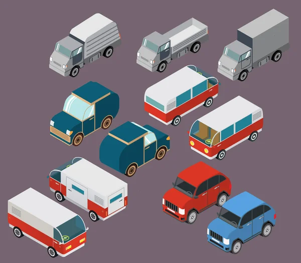 Zestaw izometrycznych samochodów. Ciężarówka, van, SUV. Retro minivan rodziny na wycieczki i podróże. — Wektor stockowy