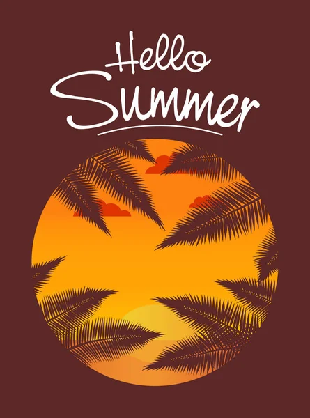 Merhaba, tropikal afiş. Palmiye yapraklarıyla kumlu sahilde gün batımı. — Stok Vektör