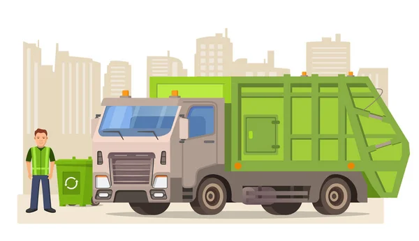 Szemeteskocsi és takarító. Szemetesláda tisztítása.Városi egészségügyi rakodó teherautó. — Stock Vector
