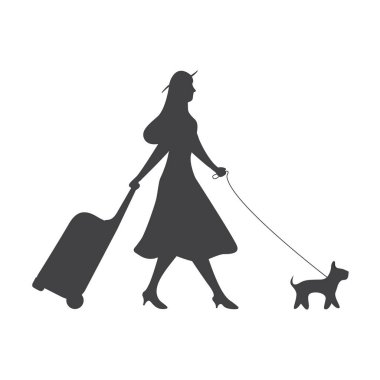 Bir bavul ve bir köpekle seyahat eden bir kız. Siyah siluet beyaz arka planda izole edilmiş..