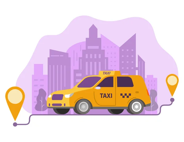 Order taxi route and points location on a city.Yellow cab car and urban landscape. — Stock Vector