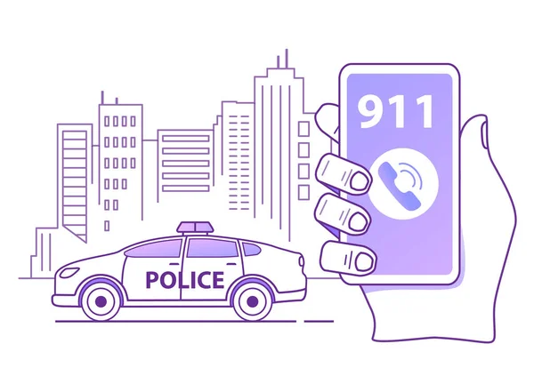 J'appelle une voiture de police. Main tient smartphone. Application d'urgence mobile. — Image vectorielle