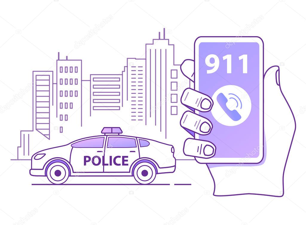Calling a police patrol car. Hand holds smartphone. Mobile emergency application.