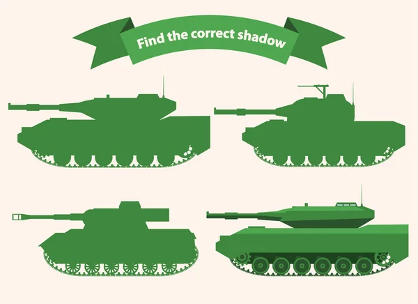 Doğru gölge tankını bul. Askeri tanklar için eğitici bir oyun. . — Stok Vektör
