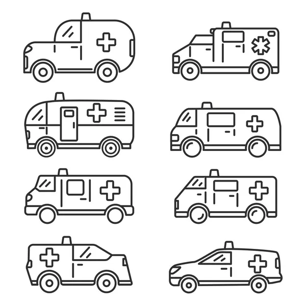 Conjunto Ambulancia coche van icon.Flat esquema vector ilustración. Aislado sobre fondo blanco. — Archivo Imágenes Vectoriales