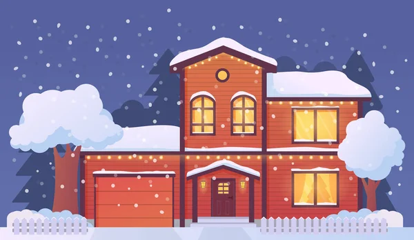 Kerst huis versierd met lichtgevende straatverlichting en bedekt met sneeuw,. — Stockvector