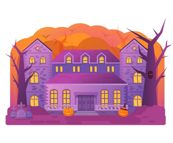 Halloween ház. Régi temetői sírkő. Horror történet. — Stock Vector