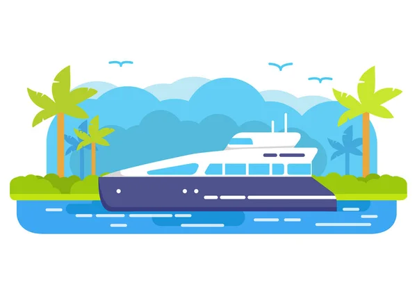 Tropical island with palm trees and a cruise yacht. — Stock Vector