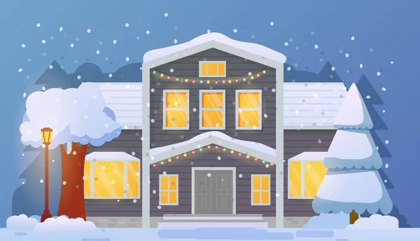 Vánoční domácí fasáda ve sněhu.Šťastný Nový rok prapor. — Stockový vektor