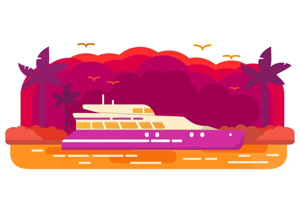 Bateau de croisière yacht .Tropical île d'un palmier. Vecteur plat. — Image vectorielle