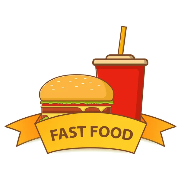 Fast food hamburger and a plastic cup of soda.Illustration flat line art vector. — Stock Vector