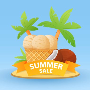 Yaz indirimi afişi. Waffle külahında hindistancevizli dondurma..