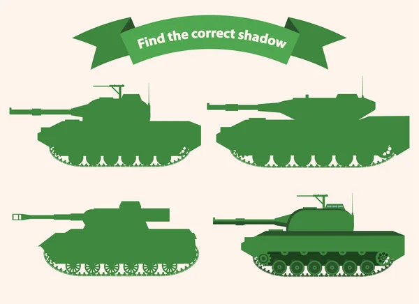 Najít správné stínové nádrže.Vzdělávací hra pro děti vojenských tanků . — Stockový vektor