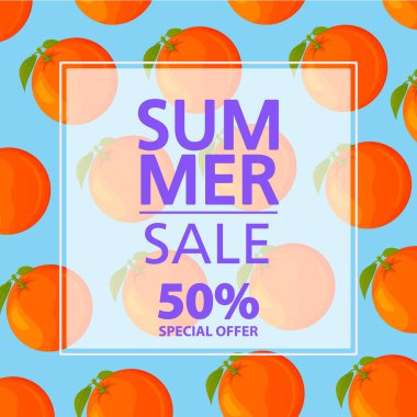 Yaz indirimi afişi. 50 indirim sunuyor. Turuncu turuncu turunçgil meyvesi deseni..