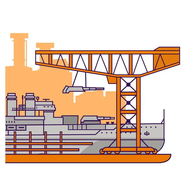 Military factory.Construction at the shipyard battleship with artillery towers.Warship. — Stock Vector