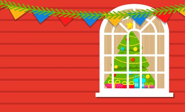 Le mur en bois de la maison décoré pour le nouvel an avec une guirlande. — Image vectorielle