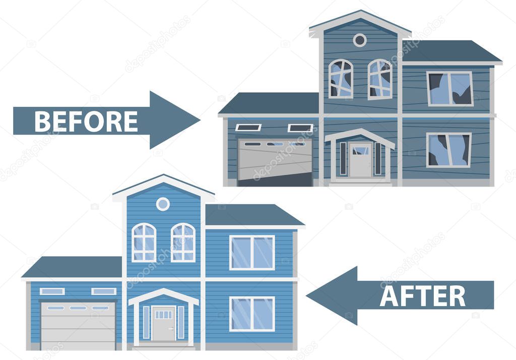 House before and after repair. Old run-down home. Renovation building.