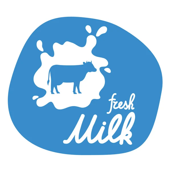 Milch-Etikett-Logo spritzt Kuh animal.Shape Hand gezeichneten Schriftzug. — Stockvektor