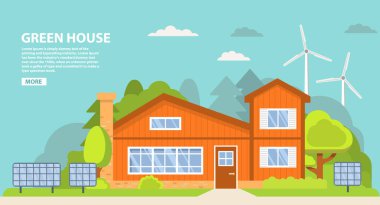 Çevre dostu geleneksel bir banliyö Amerikan evi. Güneş ışığı, rüzgar enerjisi. Aile evi. Kasaba binası..