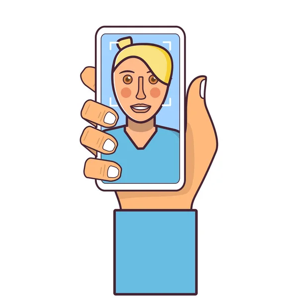 Reconhecimento facial female.Face ID.Human mão segurando smartphone. — Vetor de Stock