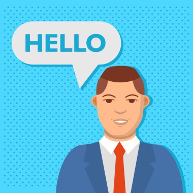 Konuşma balonu. Chatbot konsepti. İş adamı merhaba diyor..
