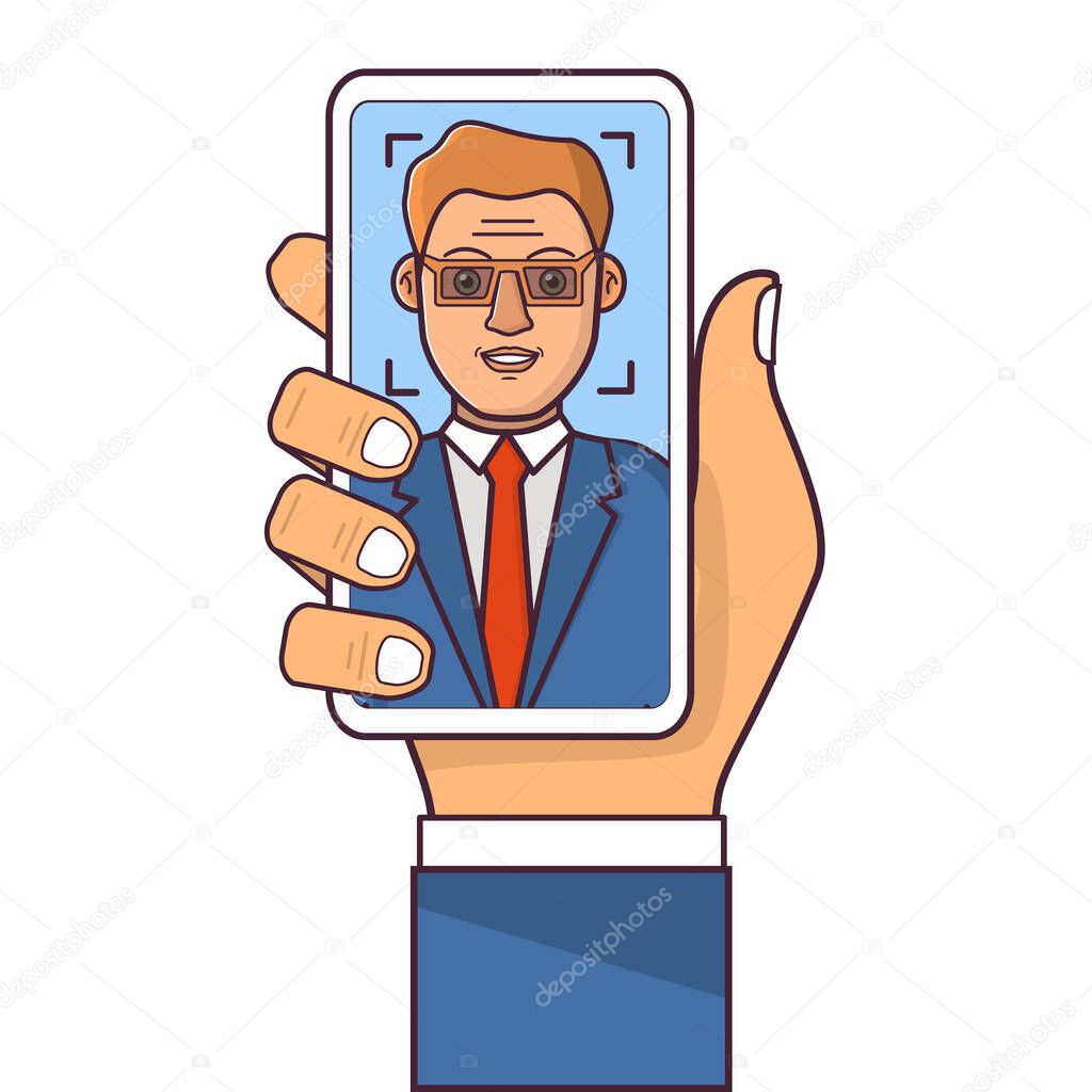 Facial recognition system.Face ID.Human hand holding smartphone.
