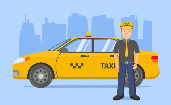 Taxi driver car sedan.Yellow cab.Vehicle ville urban.Flat ligne art vecteur. — Image vectorielle