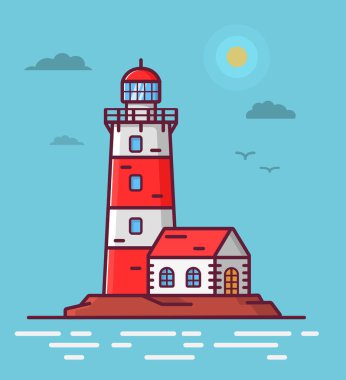 Kayadaki deniz feneri kulesi kulübesi. Gemiler için seyrüsefer feneri. Dalgalar, deniz fenerleri ve martılarla deniz manzarası..