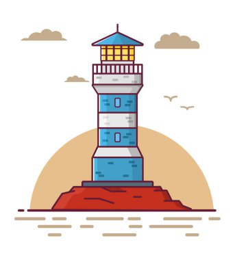 Bir kayanın üzerindeki deniz feneri kulesi. Martılar ve bulutlarla deniz manzarası.
