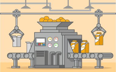 Kutu meyve içeceği taşıma bandı. Yeni sıkılmış portakal suyu..