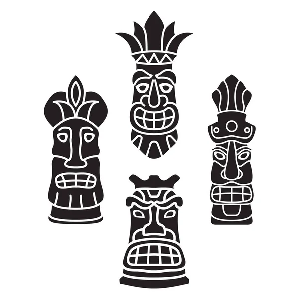 Set silhouette de masque tiki polynésien isolé sur fond blanc. — Image vectorielle