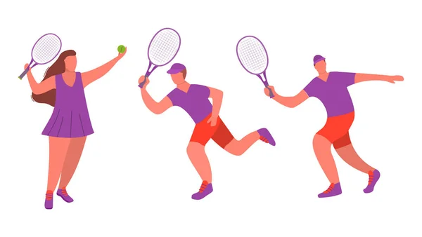 Jeune fille et homme joueur de tennis avec raquette un jeu de sport isolé sur fond blanc. — Image vectorielle