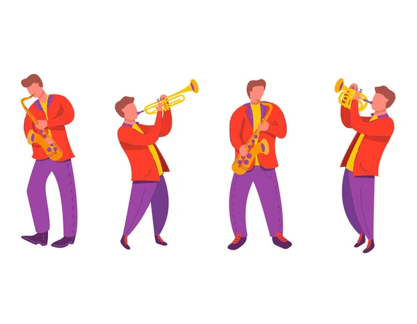 Jazz quartet musicians with saxophone, trumpet.Modern flat vector illustration notes. — Stock Vector