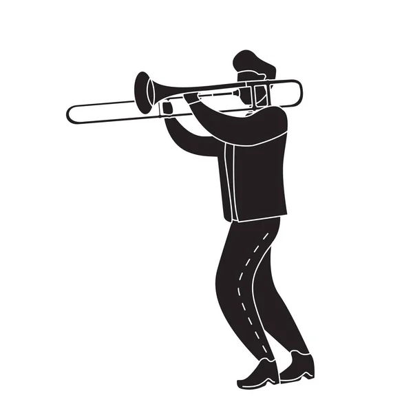 黒のシルエットの男は、トロンボーンを演奏。現代の平面ベクトル図. — ストックベクタ