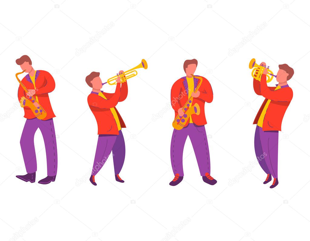 Jazz quartet musicians with saxophone, trumpet.Modern flat vector illustration notes.