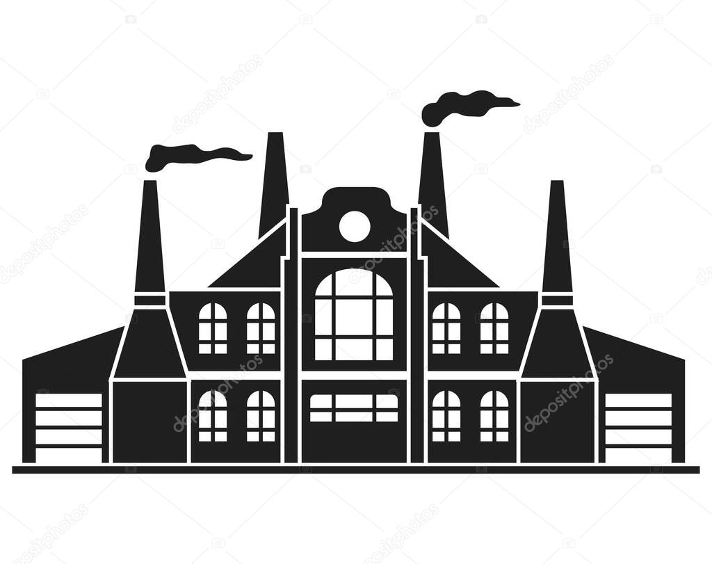 Silhouette old factory building with smoking chimneys.Vector flat.