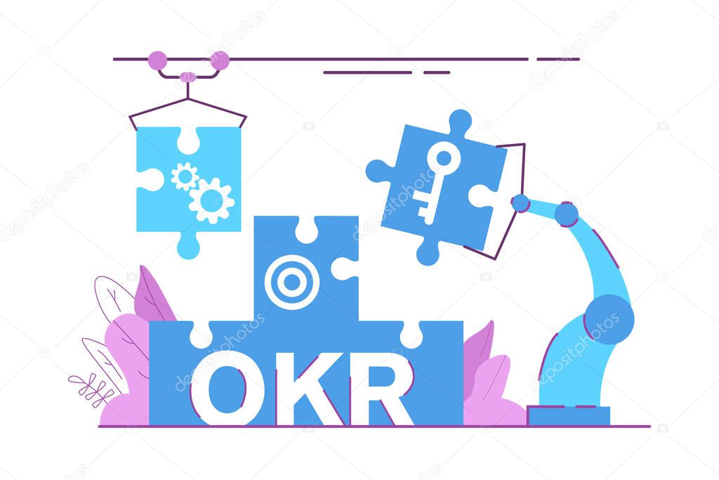 Industrial robot puzzle assembly. OKR business concept.