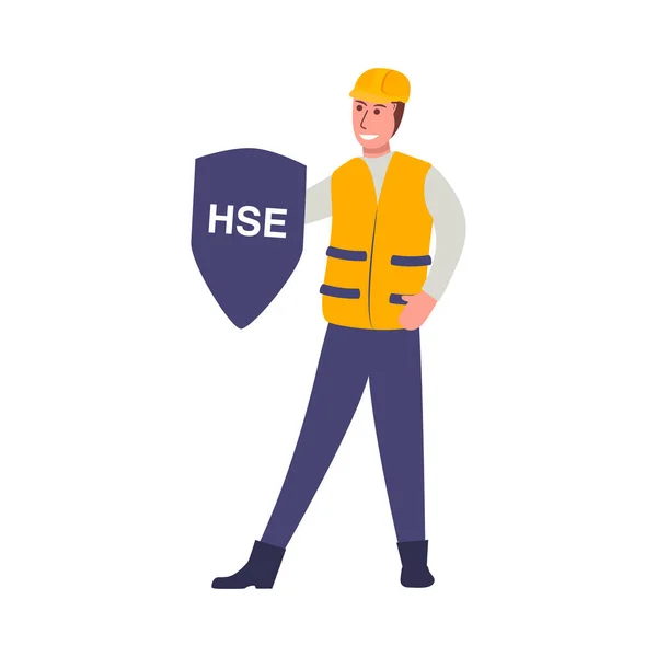 HSE - environnement de sécurité sanitaire Travailleur de la construction dans un casque et un gilet de protection. — Image vectorielle