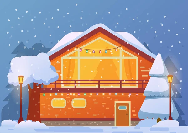 Merry Christmas house in snowfall.Happy new year banner. — Stock Vector