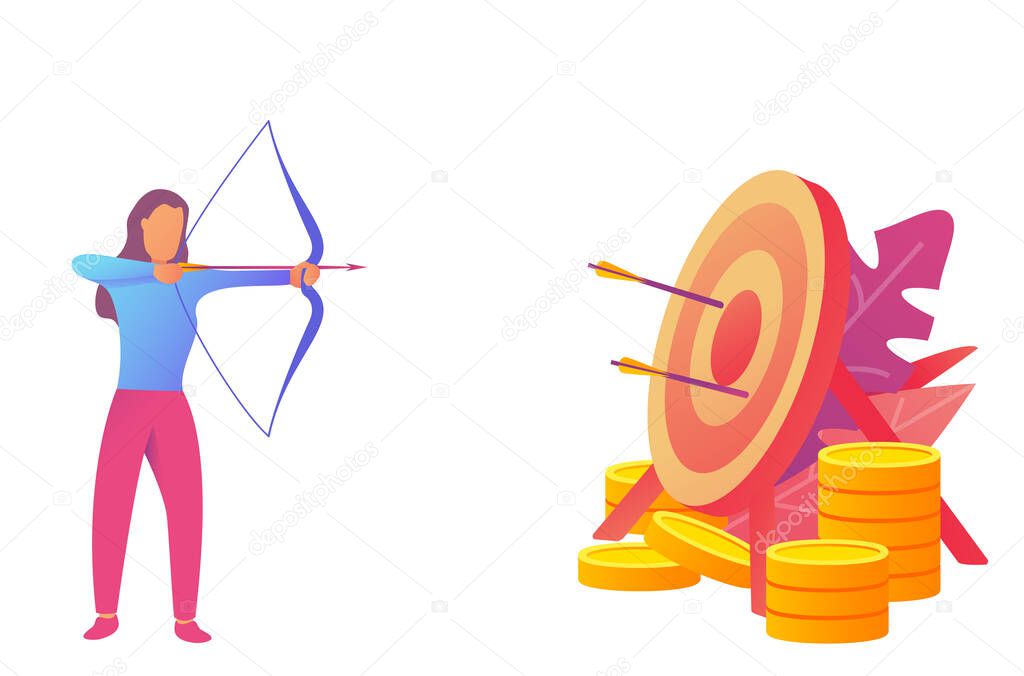Business woman aiming at a target from an arrow with an arrow.