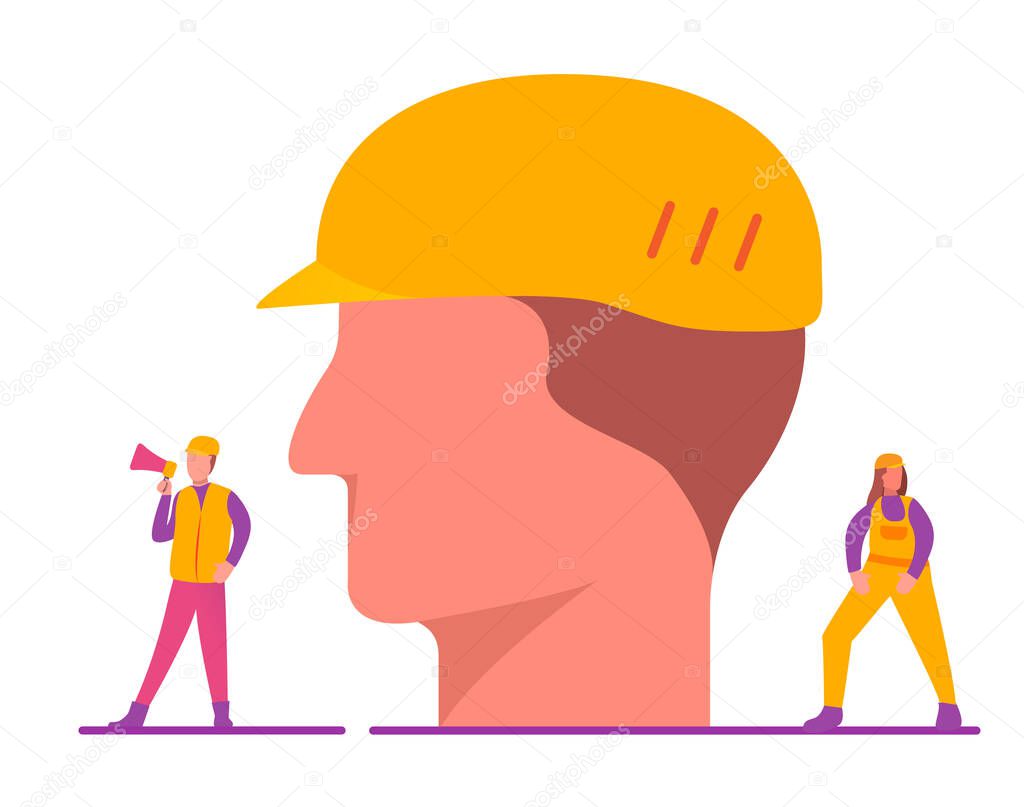 The head of a builder worker in a protective helmet. Vector flat illustration.